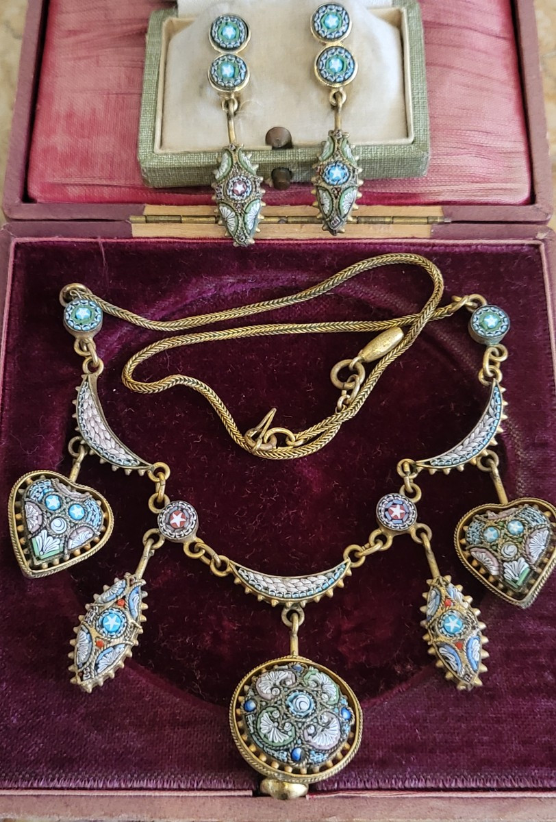 Antique Micro Mosaic Necklace And Earrings Set