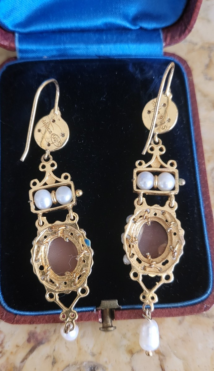 Boucles d'oreilles Camée en Cocquillage, perles et Vermeil -photo-2