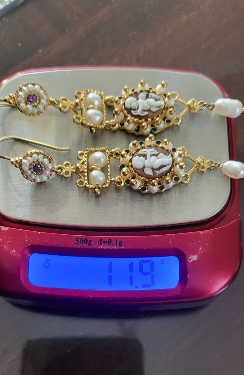 Boucles d'oreilles Camée en Cocquillage, perles et Vermeil -photo-3