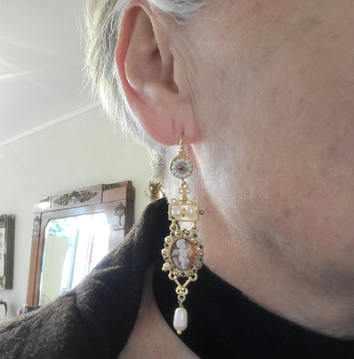 Boucles d'oreilles Camée en Cocquillage, perles et Vermeil -photo-6