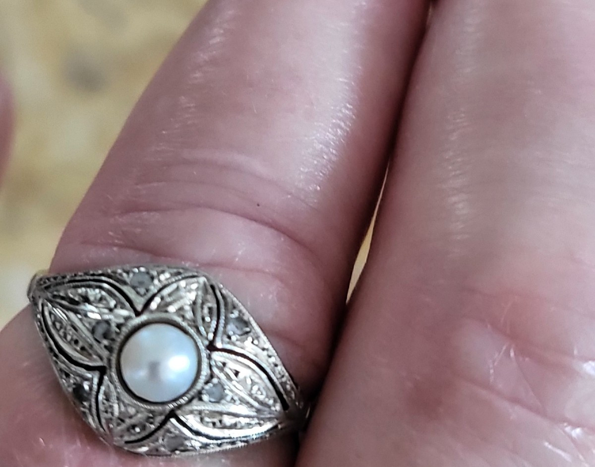 Bague Art Déco en Or 18 carats serti de Diamants et d'un Perle -photo-3