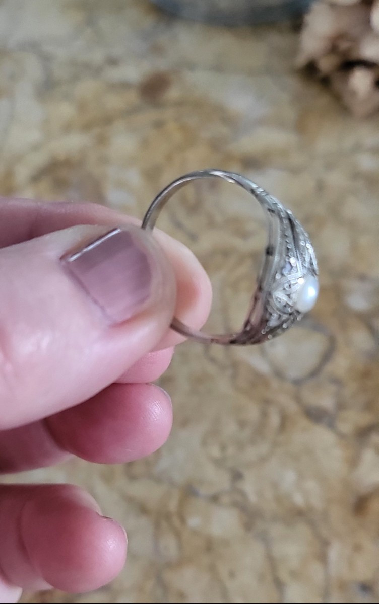Bague Art Déco en Or 18 carats serti de Diamants et d'un Perle -photo-3