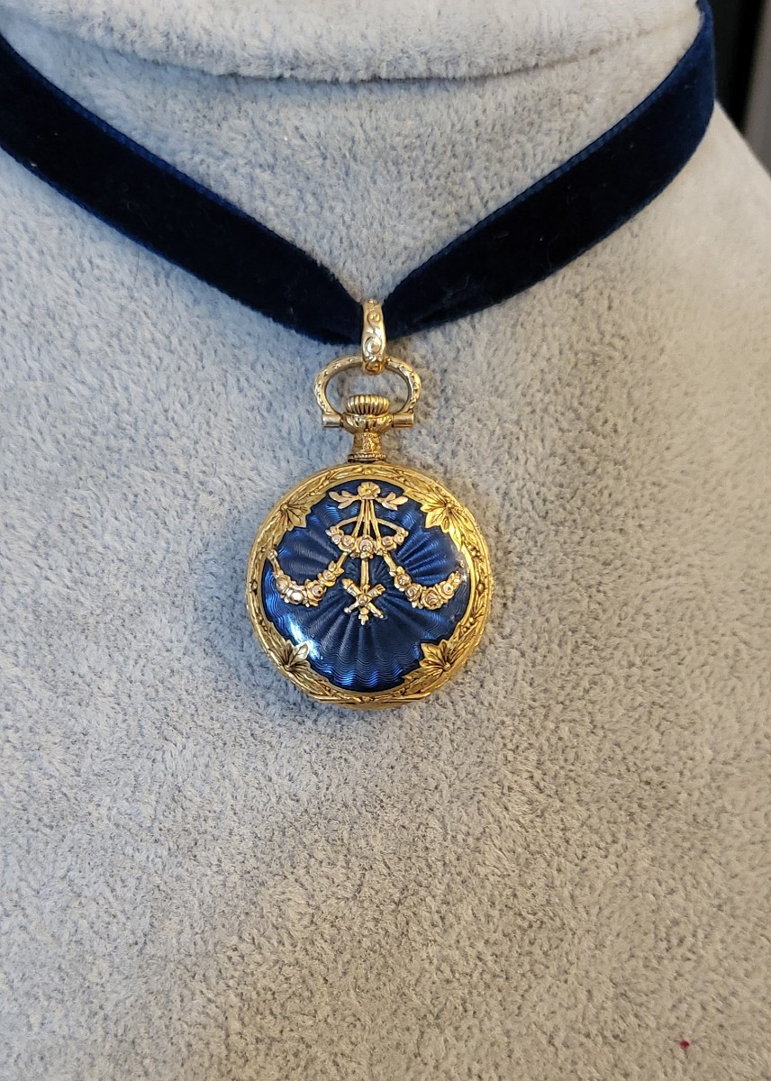 Napoléon 111 Pendentif/Montre Gousset en Or 18ct et Émail-photo-2