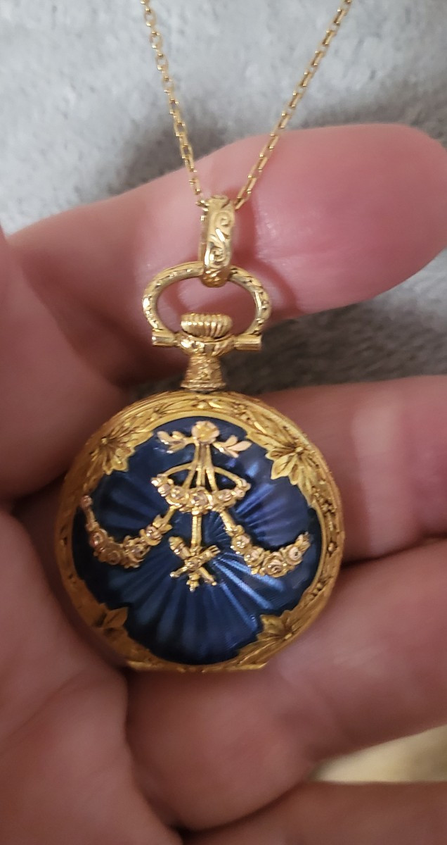Napoléon 111 Pendentif/Montre Gousset en Or 18ct et Émail-photo-2