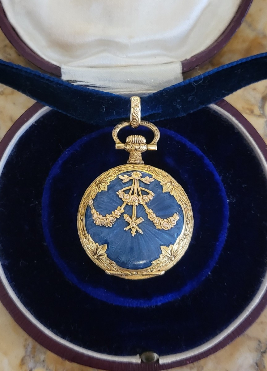 Napoléon 111 Pendentif/Montre Gousset en Or 18ct et Émail-photo-4