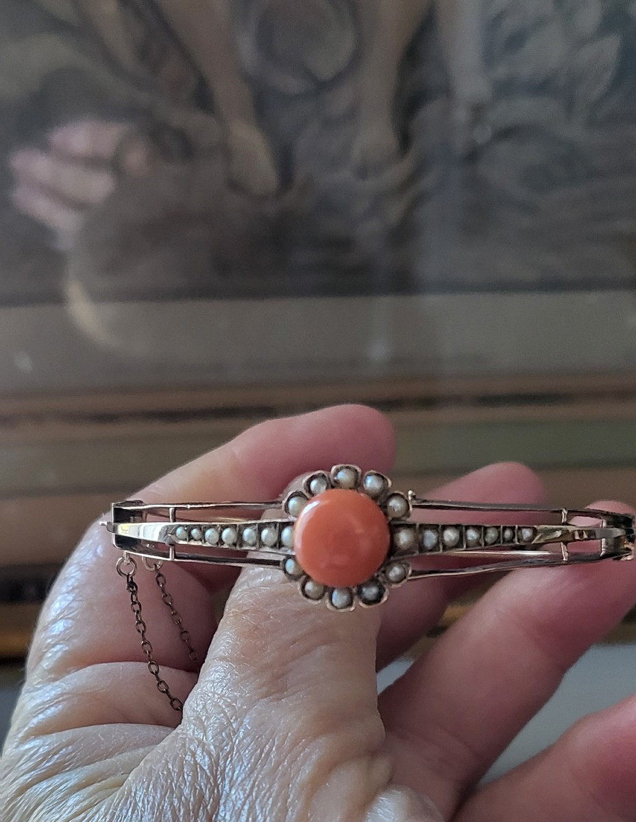 Bracelet Belle Époque  en Or Rose, orné de fines Perles et Corail -photo-2