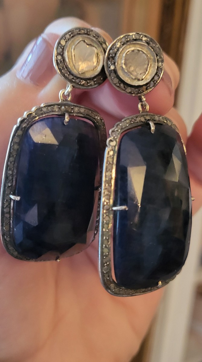 Silver Earrings Set With  Blue Spinel And Rose Cut  Diamonds -photo-3