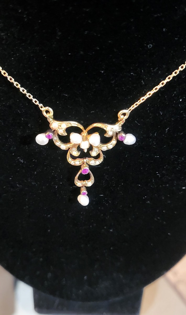 Collier Art Nouveau en Or 18ct et 15ct orné des Rubis et de Perles -photo-2