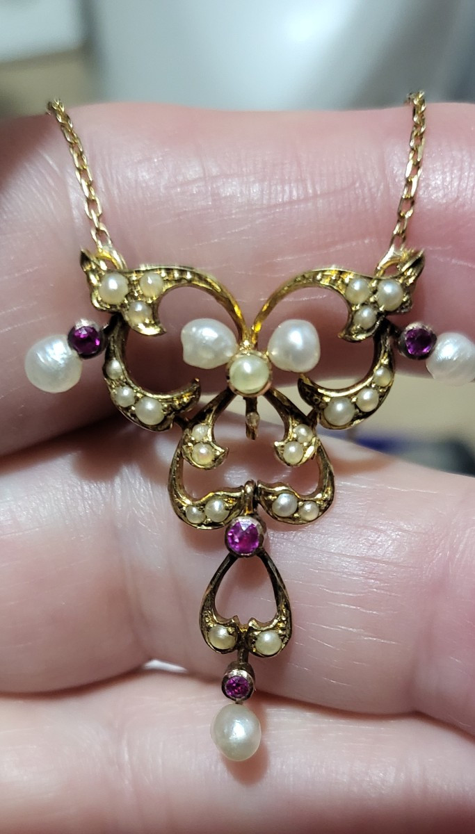 Collier Art Nouveau en Or 18ct et 15ct orné des Rubis et de Perles -photo-3