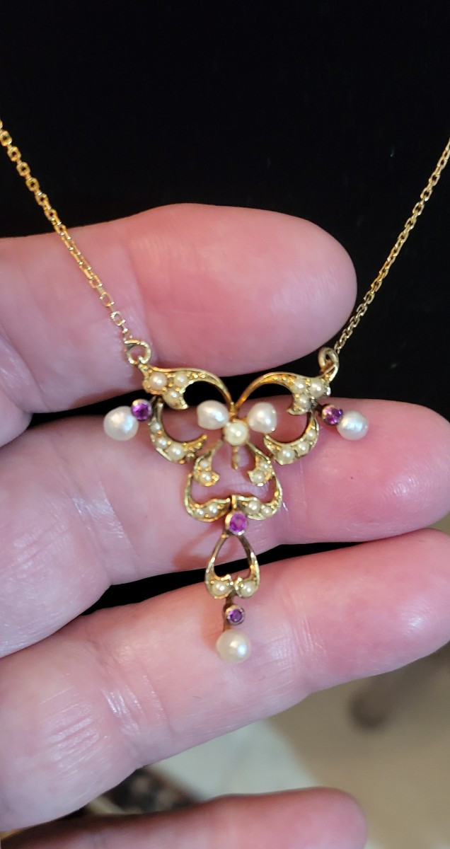 Collier Art Nouveau en Or 18ct et 15ct orné des Rubis et de Perles -photo-2
