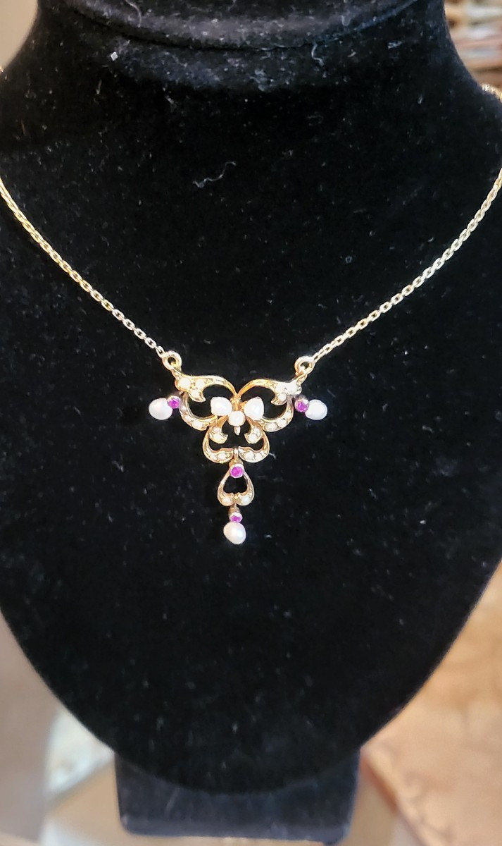 Collier Art Nouveau en Or 18ct et 15ct orné des Rubis et de Perles -photo-3