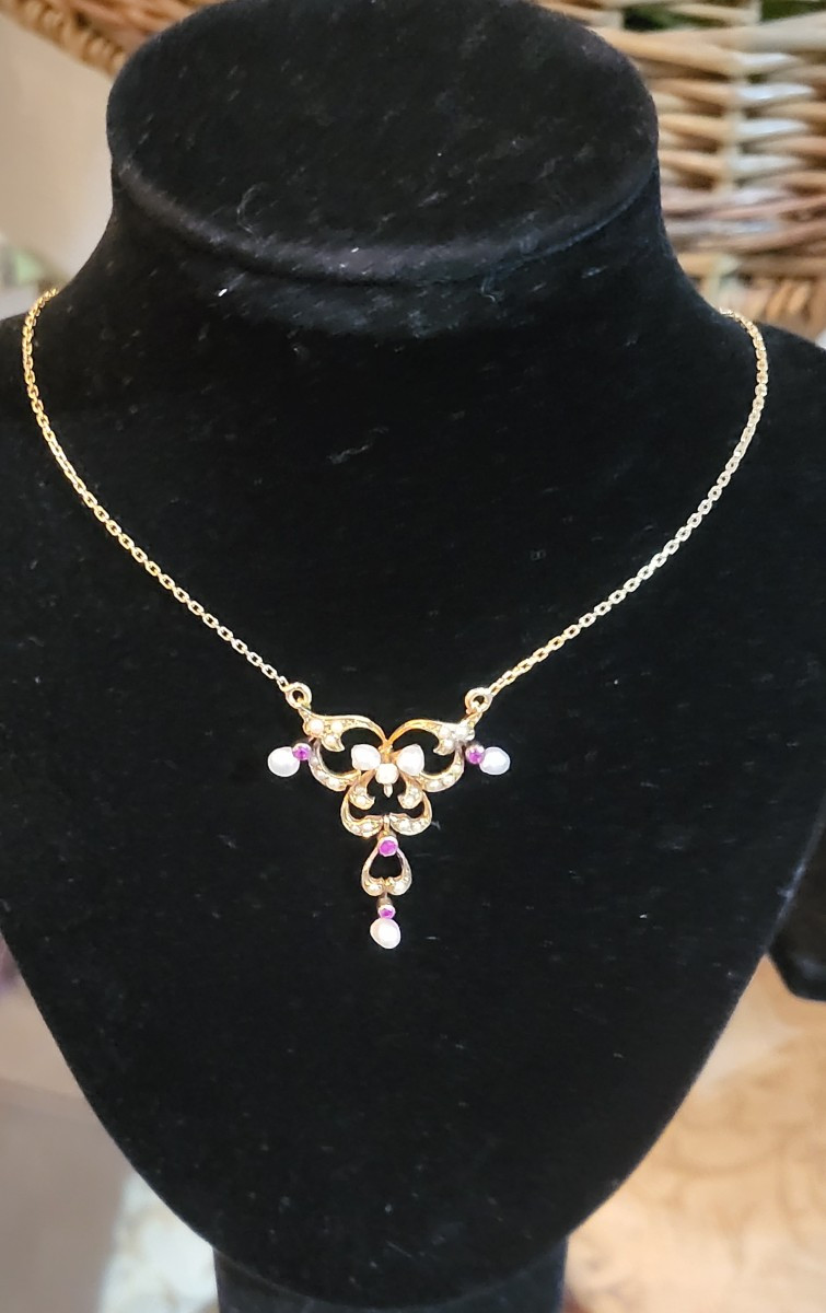 Collier Art Nouveau en Or 18ct et 15ct orné des Rubis et de Perles -photo-5