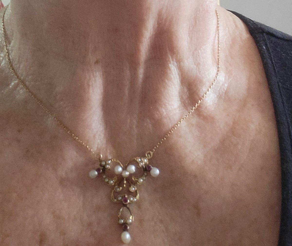 Collier Art Nouveau en Or 18ct et 15ct orné des Rubis et de Perles -photo-6