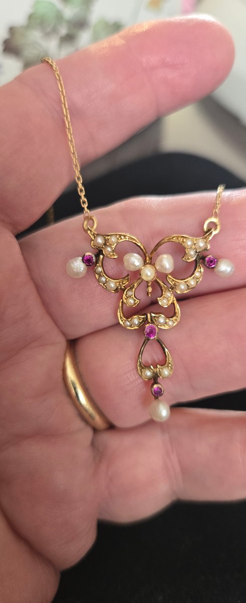 Collier Art Nouveau en Or 18ct et 15ct orné des Rubis et de Perles -photo-7
