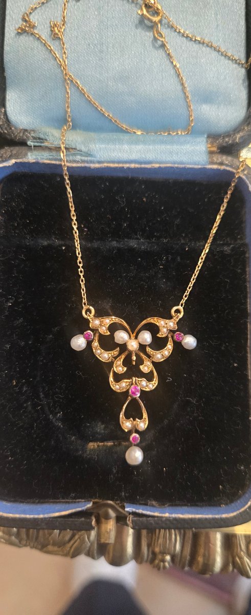 Collier Art Nouveau en Or 18ct et 15ct orné des Rubis et de Perles -photo-8