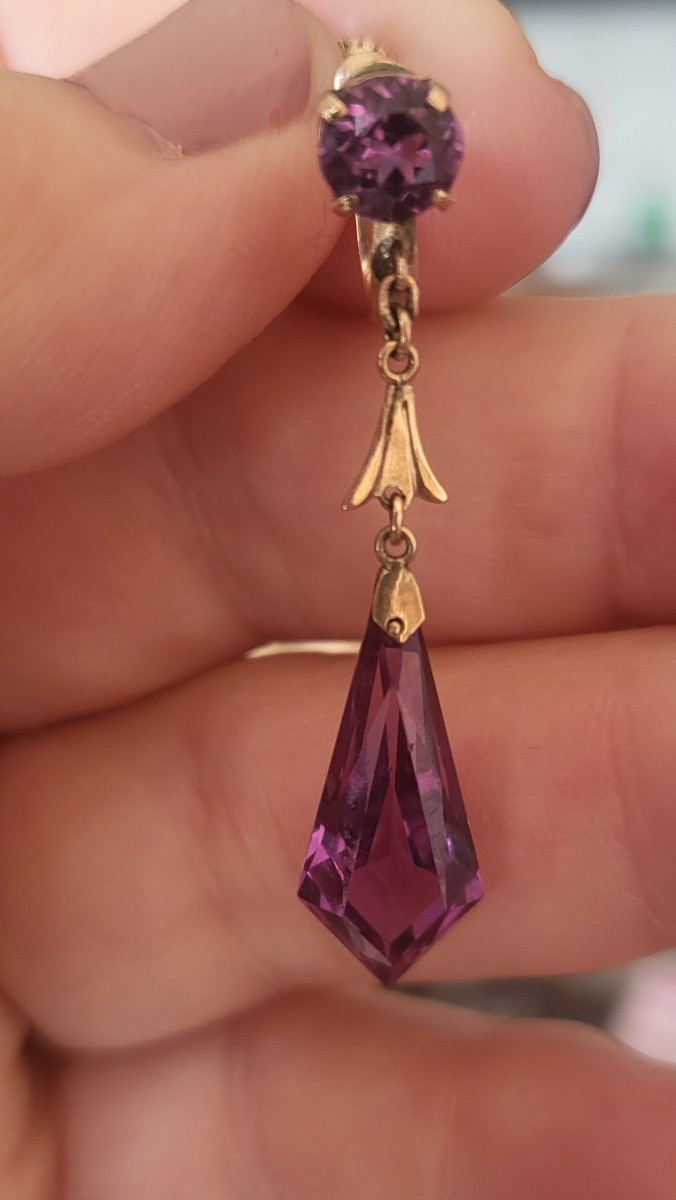 Art Deco Earrings In 14ct Gold Set With Violet Sapphires.-photo-3