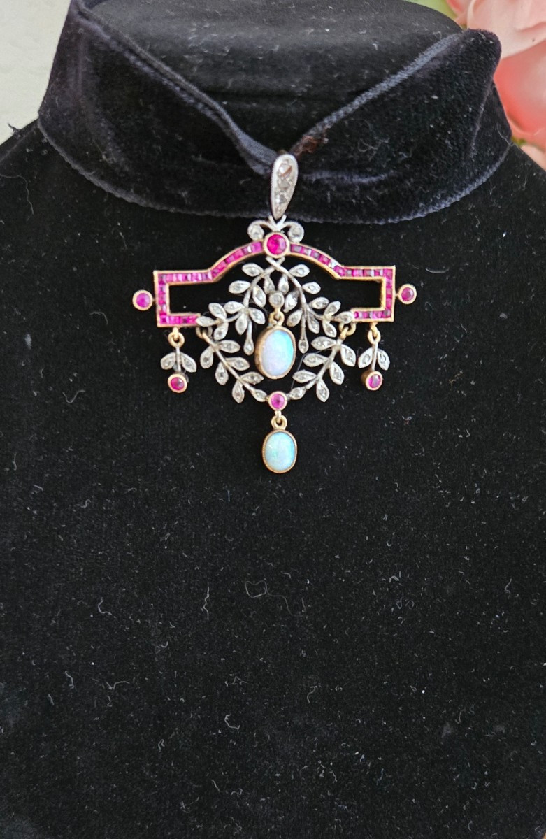 Pendentif Art Déco en Or 18cts serti de Spinelles Rouge et de Diamants -photo-2