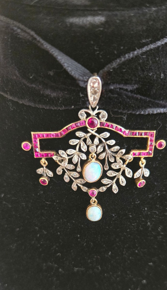 Pendentif Art Déco en Or 18cts serti de Spinelles Rouge et de Diamants -photo-4