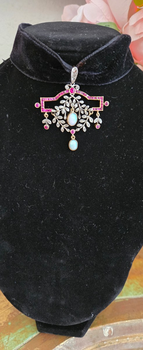 Pendentif Art Déco en Or 18cts serti de Spinelles Rouge et de Diamants -photo-3