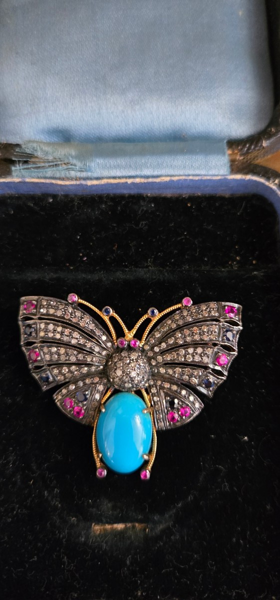 Vintage Butterfly Brooch Set With Precious Stones-photo-2