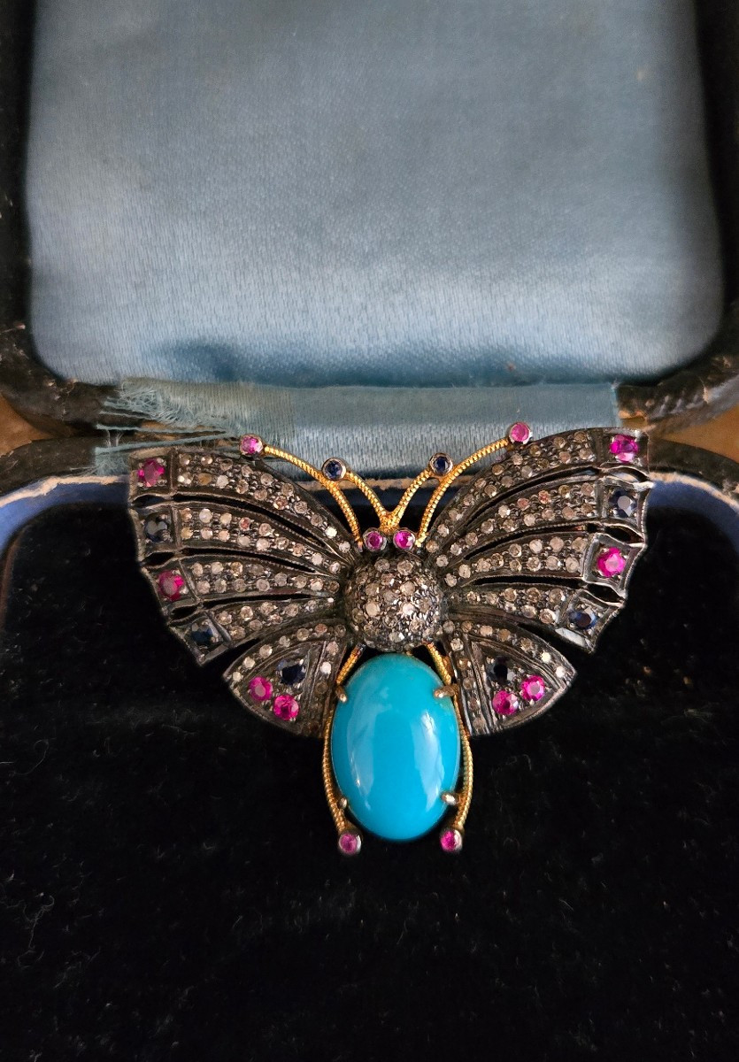 Vintage Butterfly Brooch Set With Precious Stones-photo-4