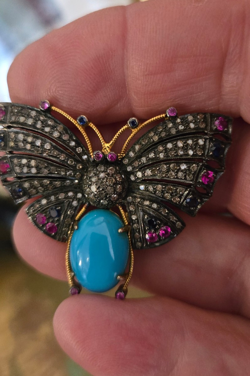 Vintage Butterfly Brooch Set With Precious Stones-photo-2