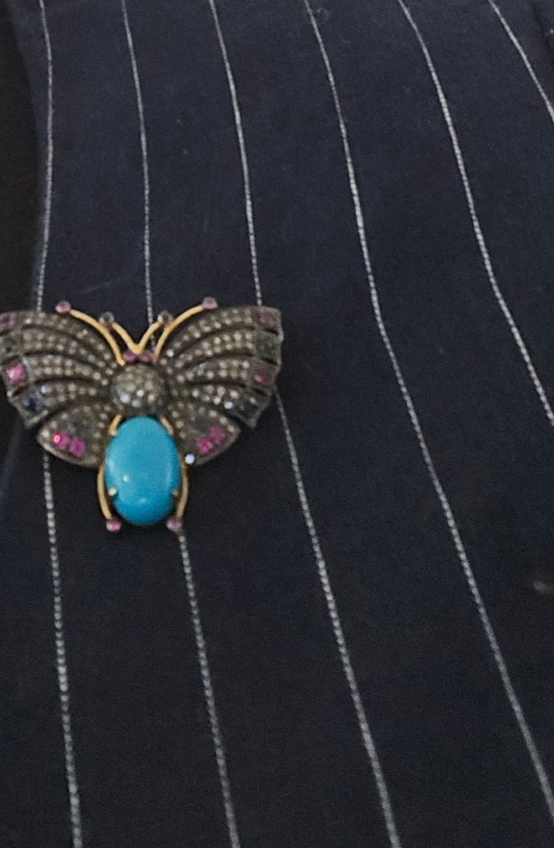 Vintage Butterfly Brooch Set With Precious Stones-photo-4