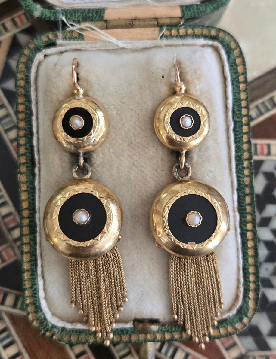 Boucles d'oreilles Napoléon 111 en Or 18ct et Onyx -photo-4