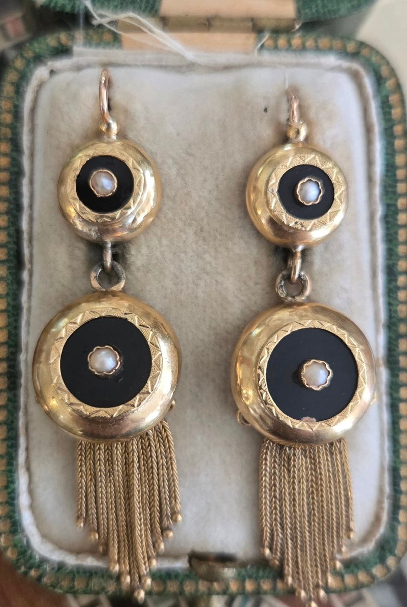 Boucles d'oreilles Napoléon 111 en Or 18ct et Onyx 