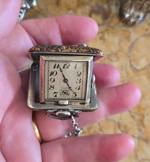 Montre de Poche/Réveil Art Déco en Argent et Peau de Serpent -photo-2
