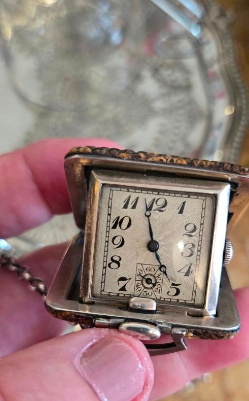 Montre de Poche/Réveil Art Déco en Argent et Peau de Serpent -photo-5