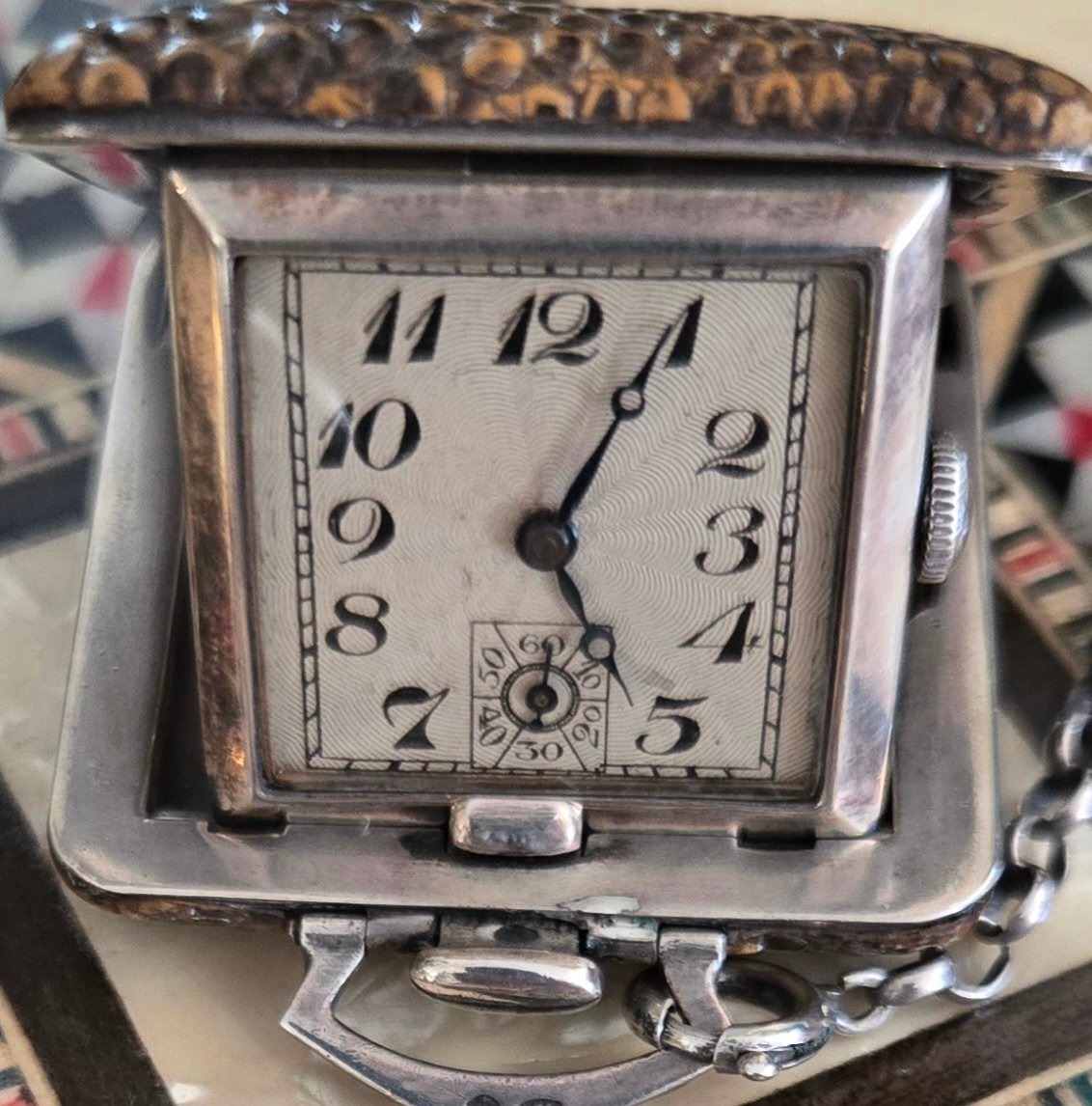 Montre de Poche/Réveil Art Déco en Argent et Peau de Serpent 