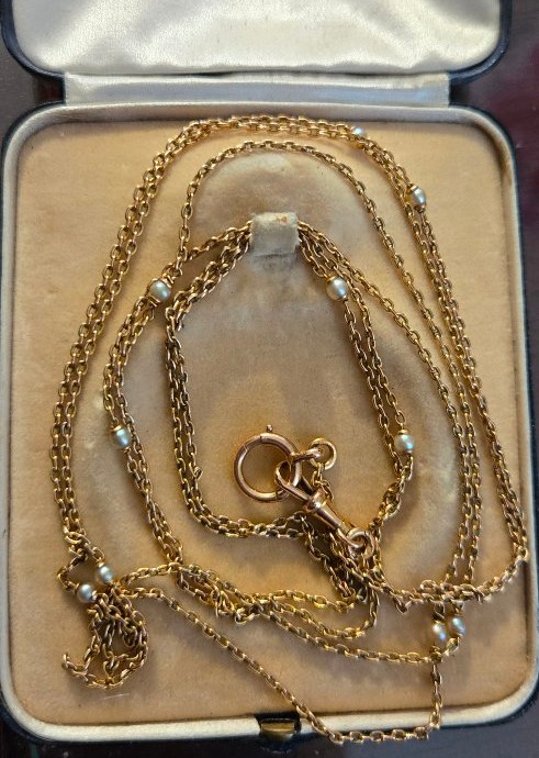 18k Rose Gold Sautoir / Long Necklace Set With Natural Pearls -photo-2