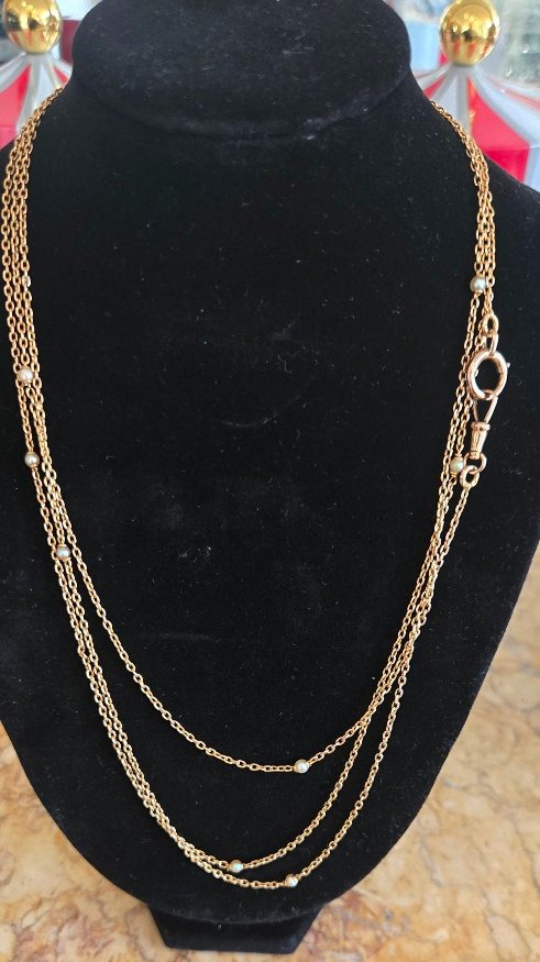 18k Rose Gold Sautoir / Long Necklace Set With Natural Pearls -photo-3