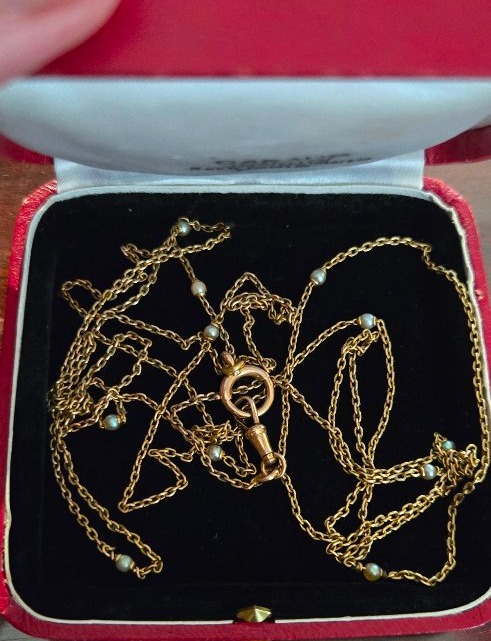 18k Rose Gold Sautoir / Long Necklace Set With Natural Pearls -photo-3