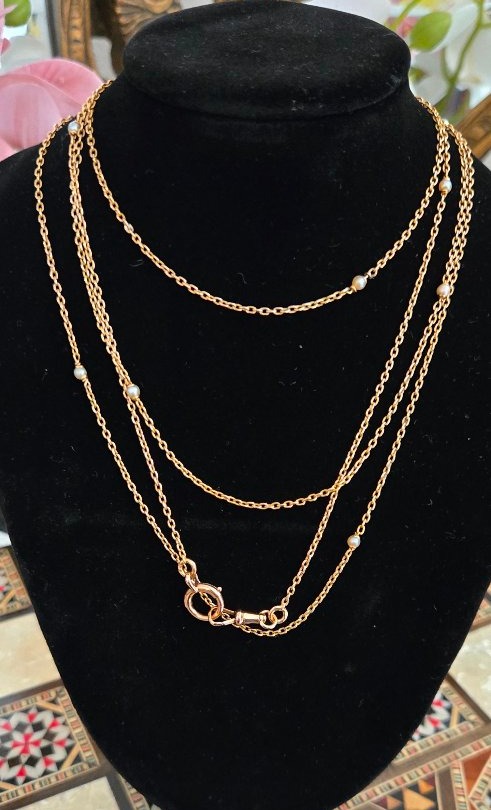 18k Rose Gold Sautoir / Long Necklace Set With Natural Pearls 