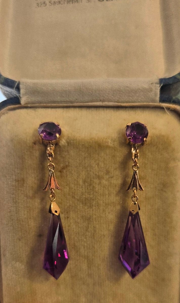 Boucles d'oreilles Art Déco, en Or 14ct serties de Saphirs Violets -photo-4