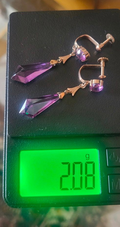 Boucles d'oreilles Art Déco, en Or 14ct serties de Saphirs Violets -photo-6