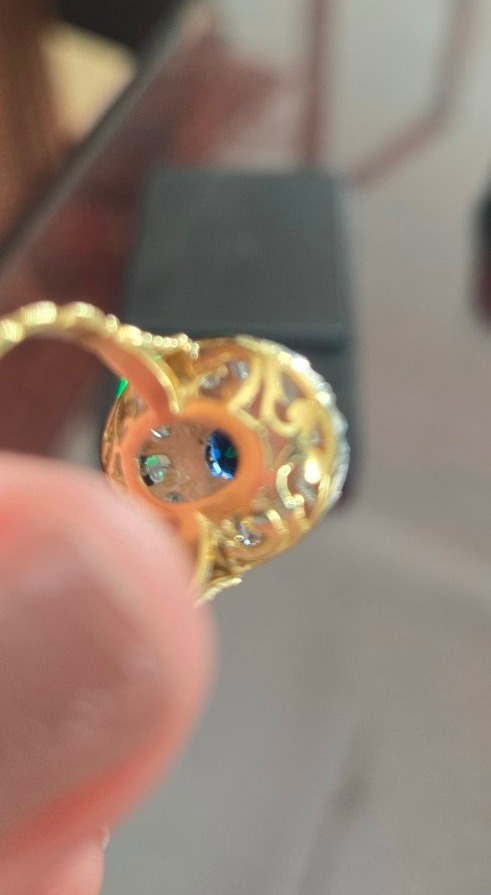 Bague Ancienne en Or 18ct,ornée d'un Saphir bleu et de Diamants  -photo-2