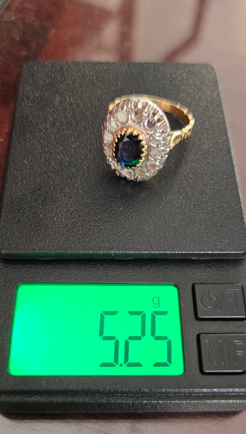 Bague Ancienne en Or 18ct,ornée d'un Saphir bleu et de Diamants  -photo-4