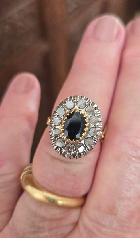 Bague Ancienne en Or 18ct,ornée d'un Saphir bleu et de Diamants  -photo-2