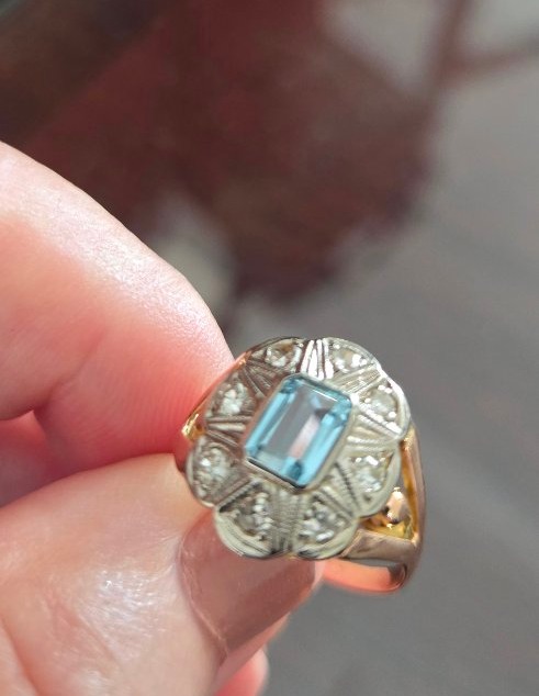 Antique 18-carat Gold Ring, Set With An Aquamarine And Diamonds -photo-6