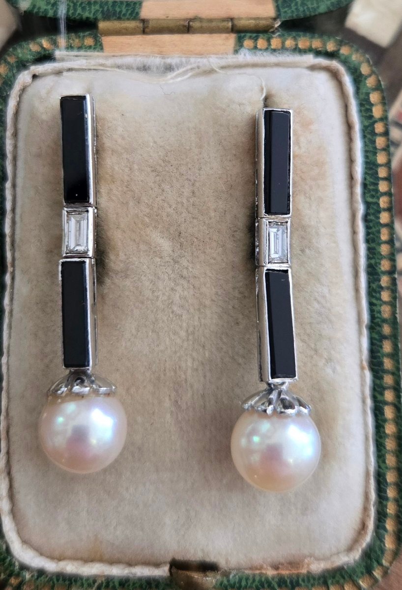 Art Déco - paire de Boucles d'oreilles en Onyx, Diamants en Or Blanc -photo-2