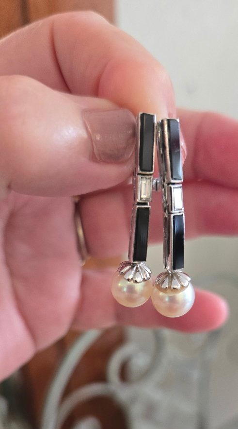 Art Déco - paire de Boucles d'oreilles en Onyx, Diamants en Or Blanc -photo-3