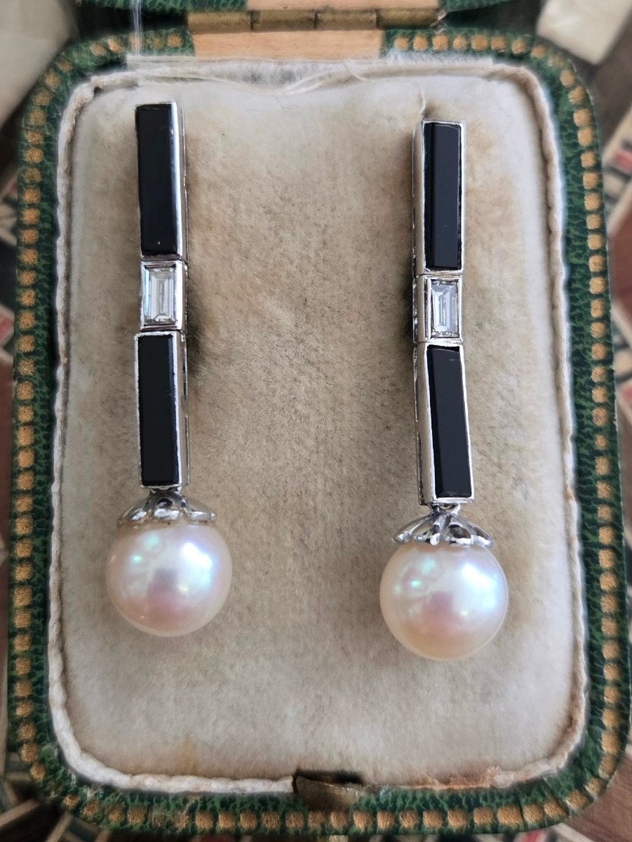 Art Déco - paire de Boucles d'oreilles en Onyx, Diamants en Or Blanc -photo-5