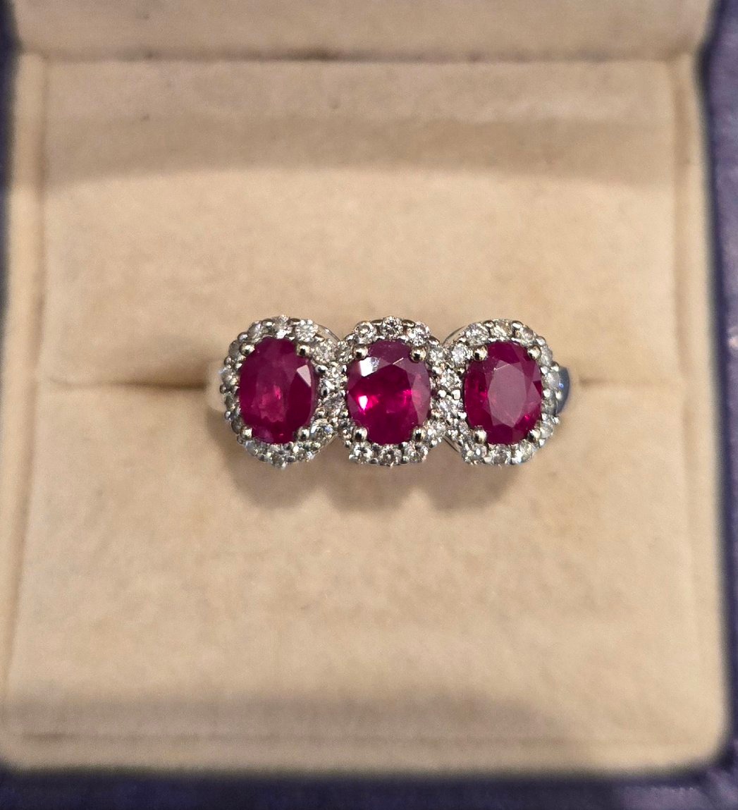 Vintage Ring, 14-karat White Gold, Set With Three Rubies And Diamonds 