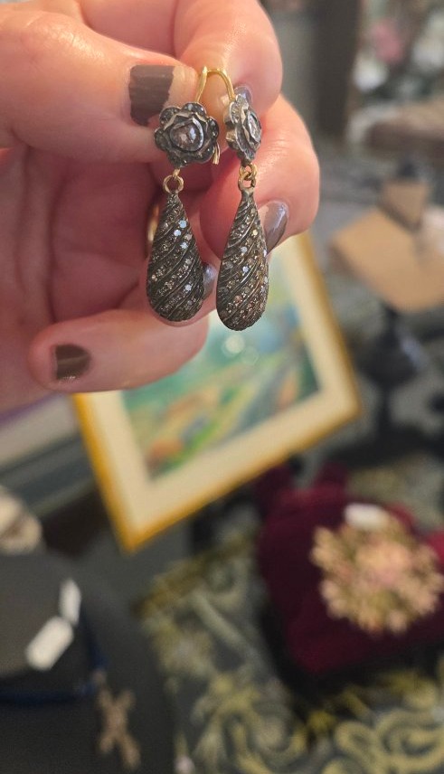 Boucles d'oreilles Vintage en Or 14ct, Argent et Diamants -photo-3
