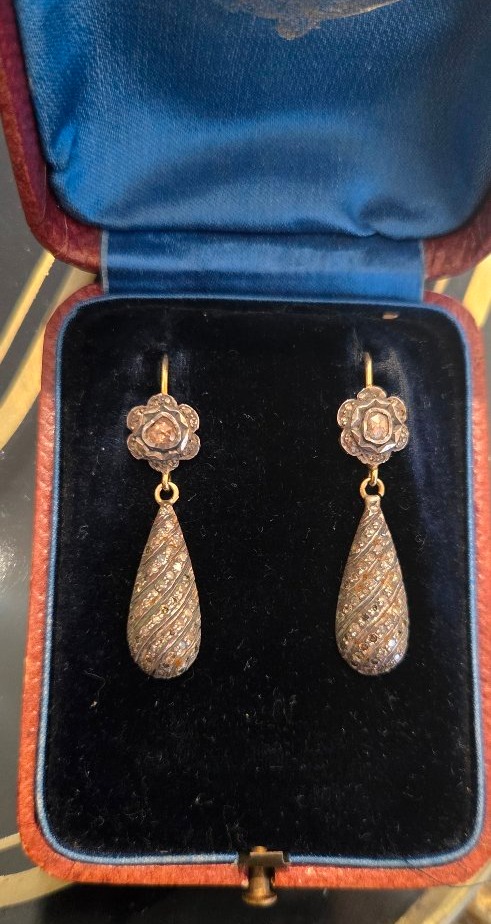 Boucles d'oreilles Vintage en Or 14ct, Argent et Diamants -photo-2