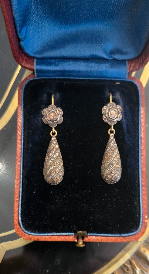 Boucles d'oreilles Vintage en Or 14ct, Argent et Diamants 