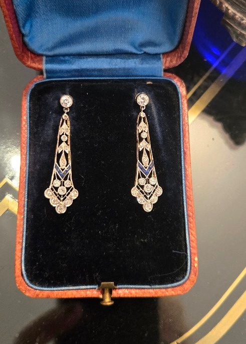Art Deco Earrings In 18ct White And Yellow Gold Set With Sapphires And Diamonds -photo-2